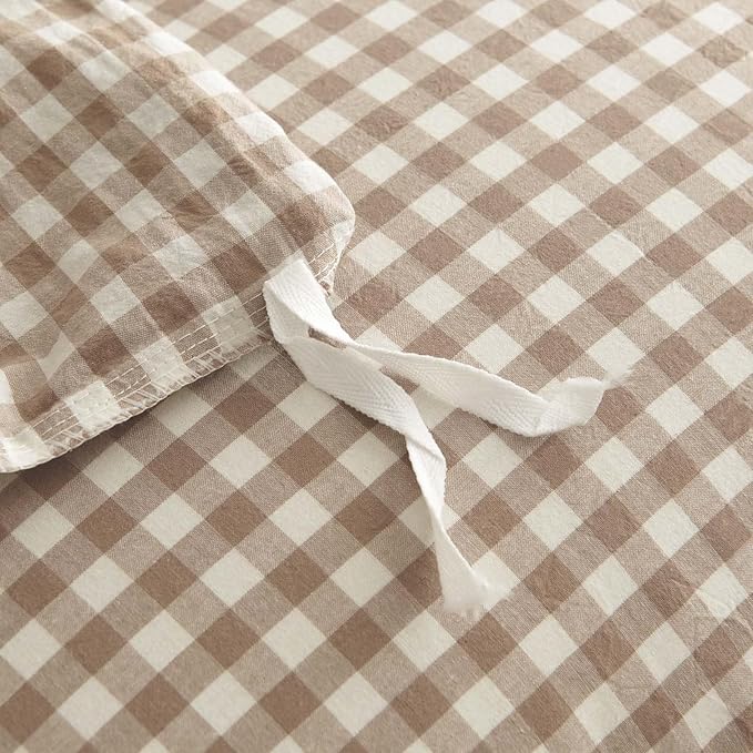 Nayoroom Gingham Duvet Cover Full Size 100% Washed Cotton Brown Tan Plaid - Image 6