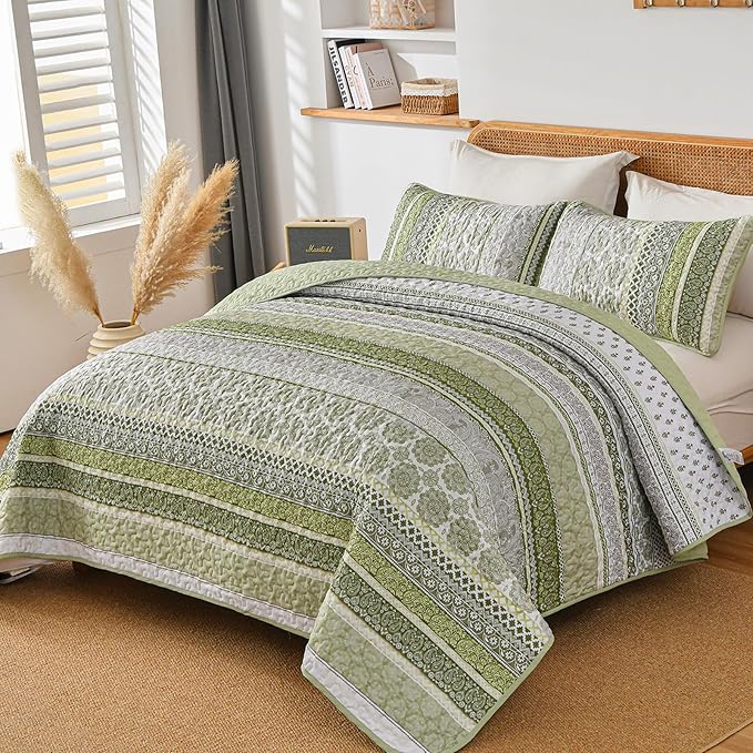 WONGS BEDDING Boho Quilt Set King Size, Sage Green Bohemian 3 Pieces Quilt Sets - Image 2