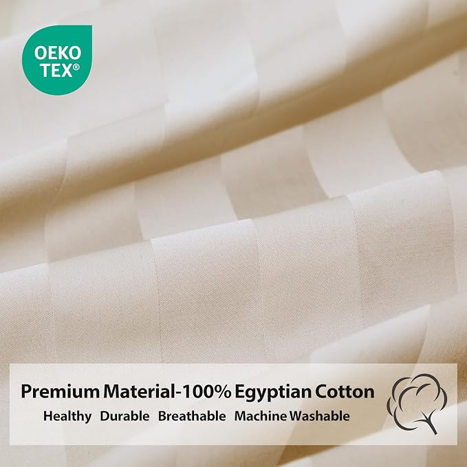 Full Size Striped Fitted Sheet Only Beige Color, 100% Egyptian Cotton 600 - Image 7