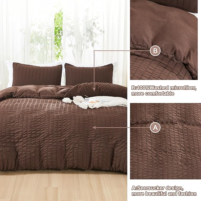 AveLom Brown Duvet Cover Cal King, 3 Pieces, Seersucker Striped Soft Washed - Image 5