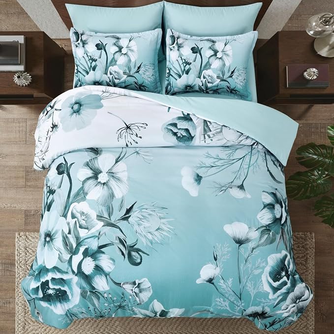 Luxudecor Floral Comforter Set King Size 7 Piece, Aqua Flower Bed in a Bag - Image 3