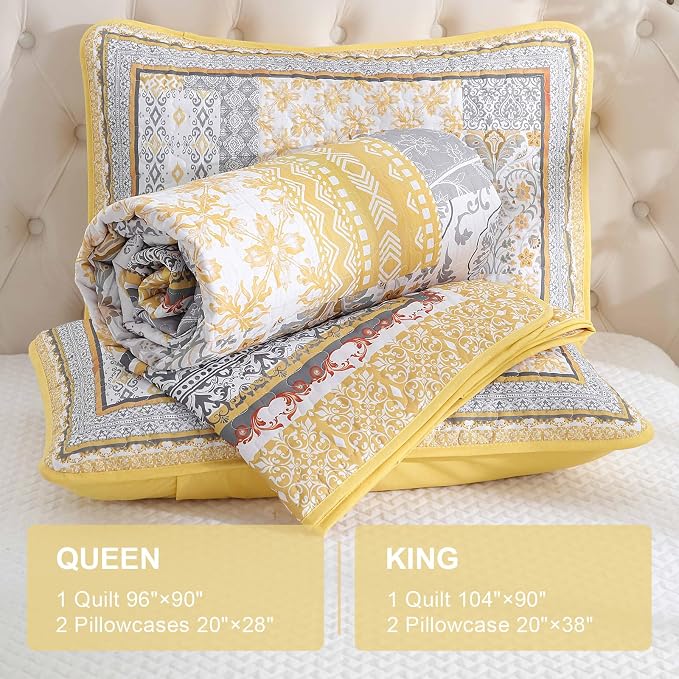 WONGS BEDDING Yellow Quilt Set Queen, Bohemian Patchwork Bedspread Coverlet Set - Image 6