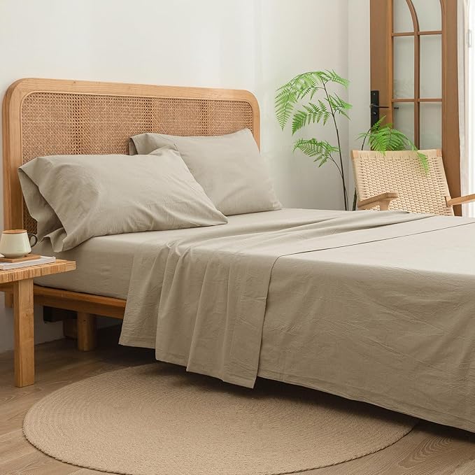 BESTOUCH Flat Sheet Only 100% Washed Cotton Linen Feel Wrinkle-Free, - Image 4