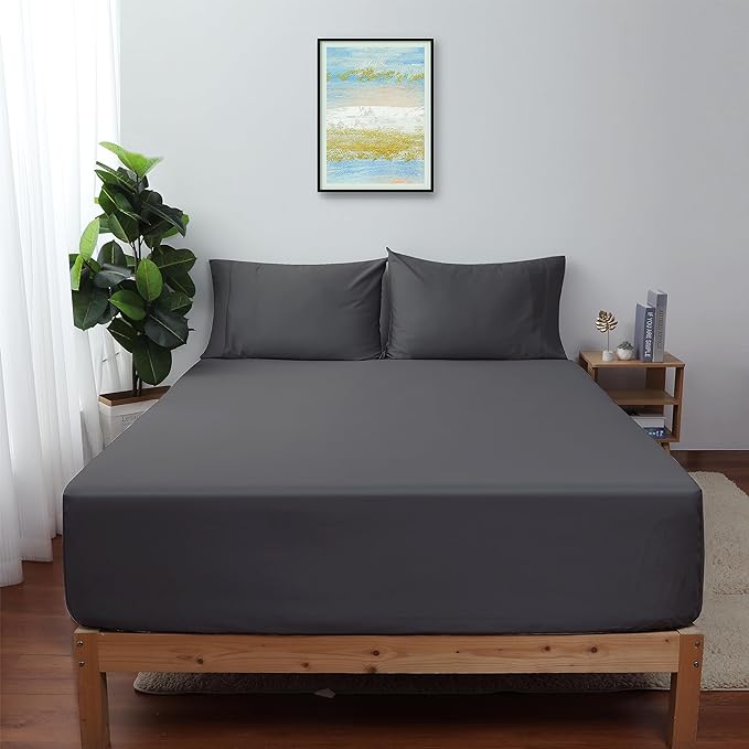 Queen Size Fitted Sheet Only Dark Grey, 100% Egyptian Cotton 600 Thread Count by ShunjieHome