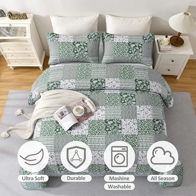 Mybedsoul Green Quilt Set Full Size, 3 Pieces Plaid Floral Bedspread Set - Image 3