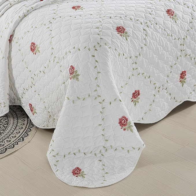 ROOMLIFE Quilt Set King Size 3D Floral Peony Embroidery Pattern 3-Piece Cotton - Image 2