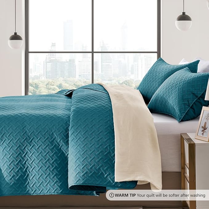 FLYMME Twin Quilt Set, Lightweight Teal Bedspreads, Basket Weave Pattern - Image 4