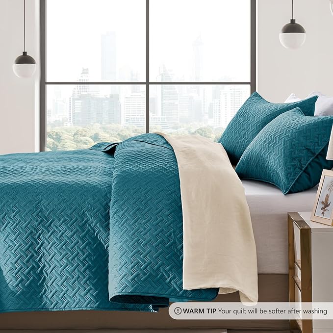 FLYMME Quilts Queen Size, Lightweight Teal Bedspreads, Basket Weave Pattern - Image 4