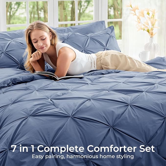 Sasttie California King Comforter Set, 7-Piece Bed in a Bag, Pintuck Bedding - Image 6