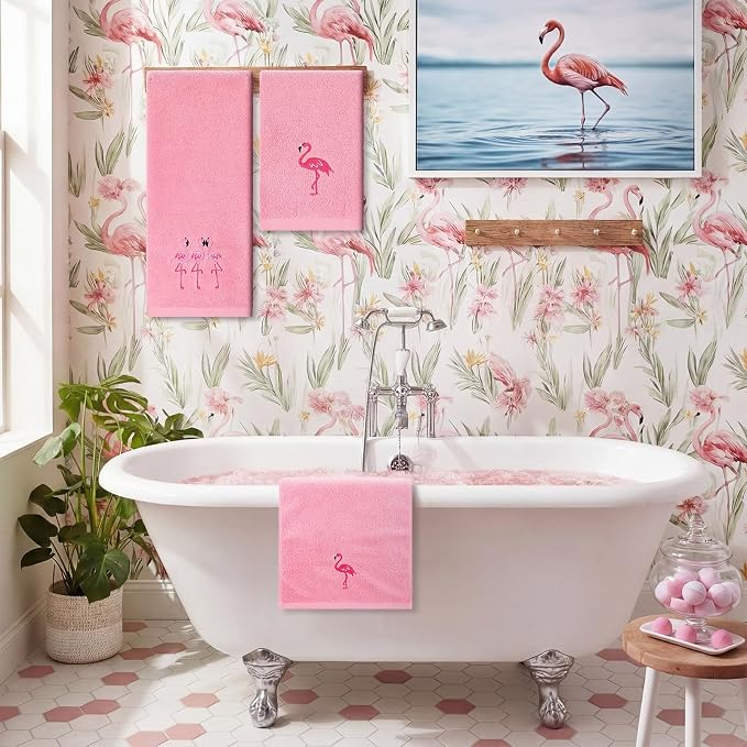3 Pcs Flamingo Bathroom Towel Set Farmhouse Embroidered Flamingo Towels Vintage - Image 5