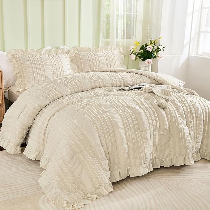WONGS BEDDING Beige Ruffle Queen Comforter, Boho Shabby Chic Bedding - Image 2