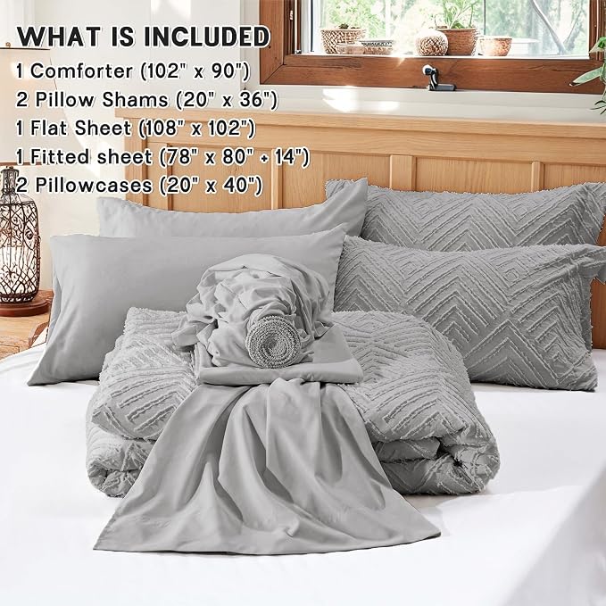 Zzlpp King Comforter Set 7 Pieces, Light Grey Tufted Bed in a Bag - Image 5