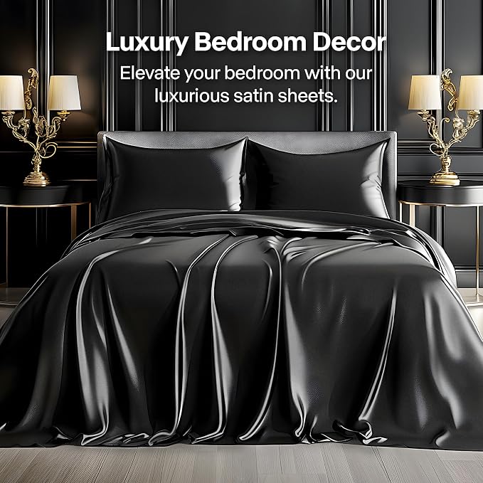 BEDELITE King Size Sheets Set, Luxury Soft Black Satin Sheets - Image 2
