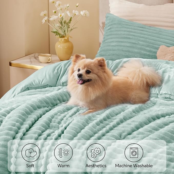 BEDELITE Fleece King Comforter Set -Super Soft & Warm Fluffy Light Green Bedding - Image 3