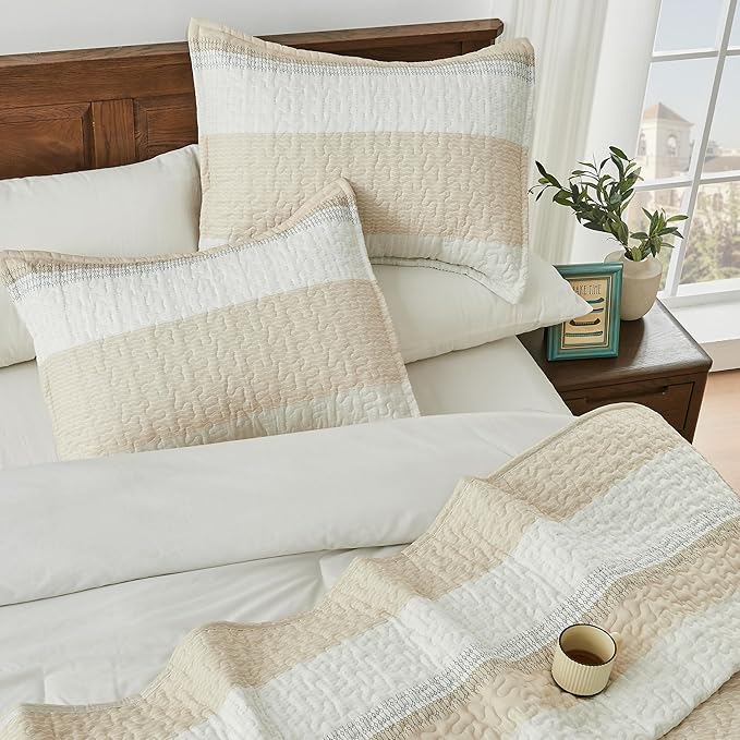 Andency King Size Quilt Set Beige, 3 Pieces Beige Ultra Soft Lightweight - Image 3