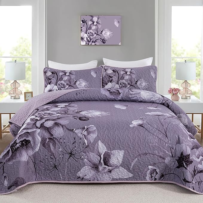 Floral Quilt Set King Size Bedding Set 3 Pieces Dark Purple Boho Floral Quilt by DRUCON