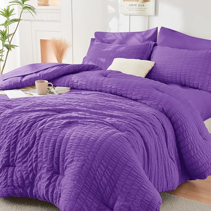 HYMOKEGE Bright Purple King Size Comforter Set Seersucker 7 Pieces, All Season by HYMOKEGE