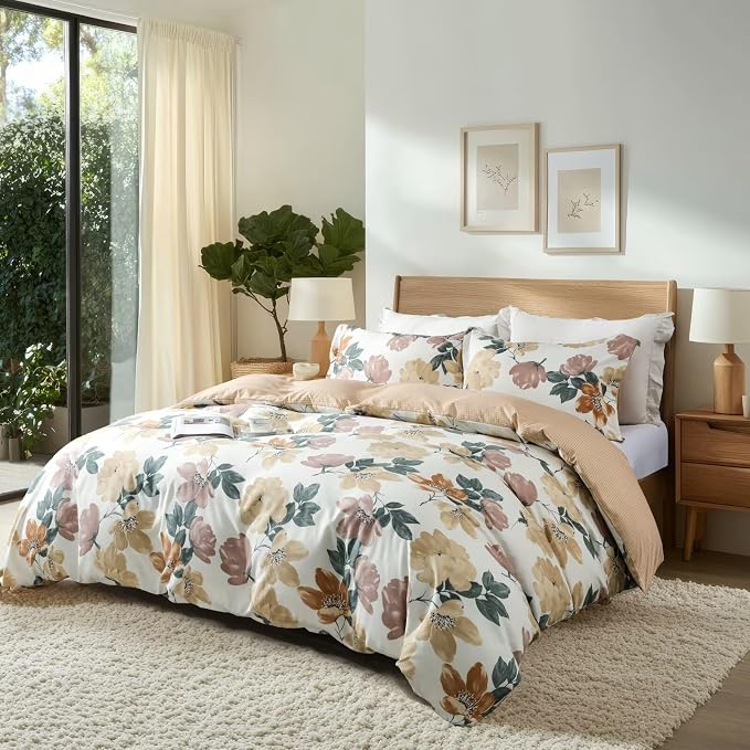 OAITE Duvet Cover Queen Size, Reversible Blooming Flower Orange Duvet Cover Set - Image 2