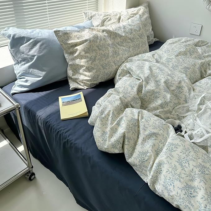 MKXI Twin Duvet Cover Set Blue White Floral Print by MKXI