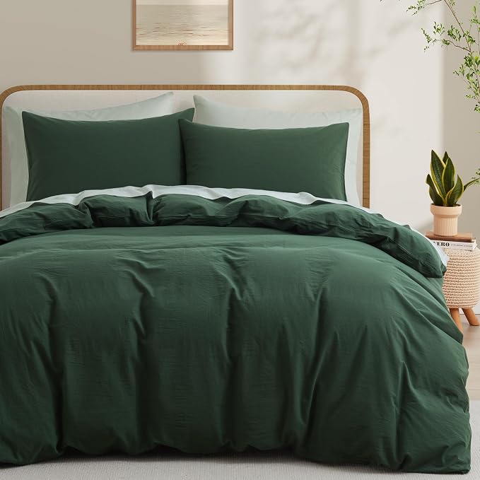 LOVQUE Forest Green Duvet Cover Full Size, 100% Washed Cotton Linen Like by LOVQUE