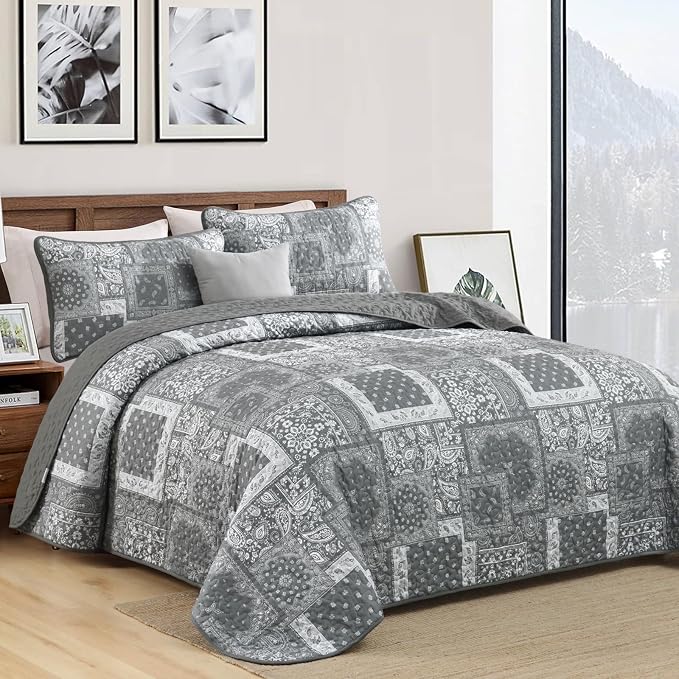 Cottolester Grey Quilt Set Queen Size, 3 Pieces Boho Patchwork Paisley Quilt Set - Image 2