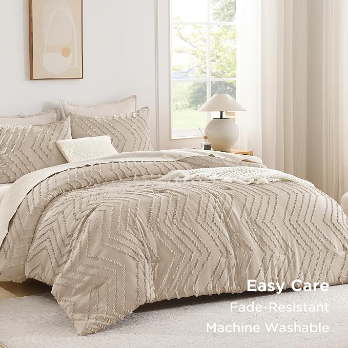 Andency Khaki Comforter Set King Size, Farmhouse Shabby Chic Boho Soft Fluffy - Image 3