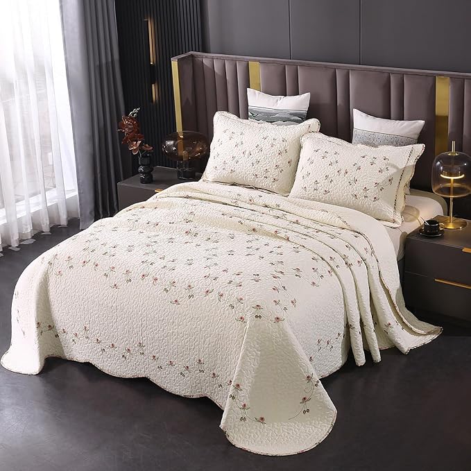 Quilt Set Floral Leaves 3D Embroidery Pattern 3 PCS Cotton Reversible Quilted - Image 2