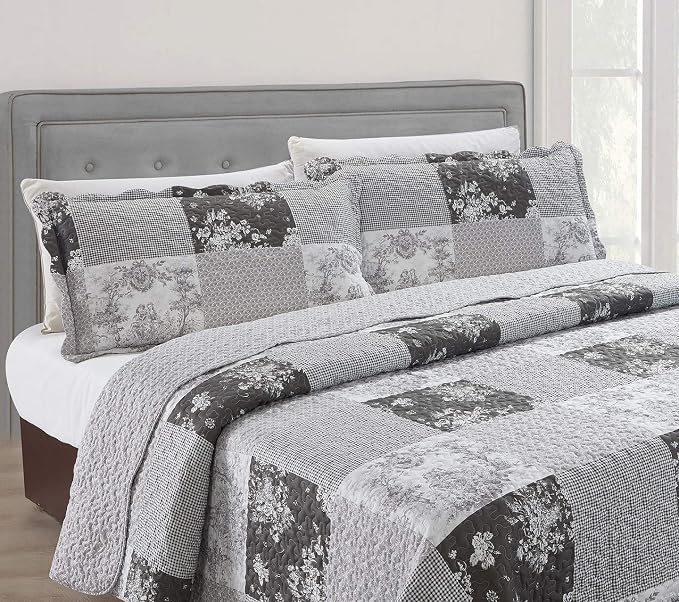 Brilliant Sunshine Grey Toile Floral Patchwork, 3-Piece Quilt Set - Image 3