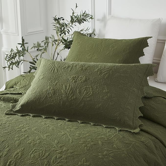 Brandream Queen Size Quilt Set Cotton Green Quilts Luxury Farmhouse Bedding Set - Image 9
