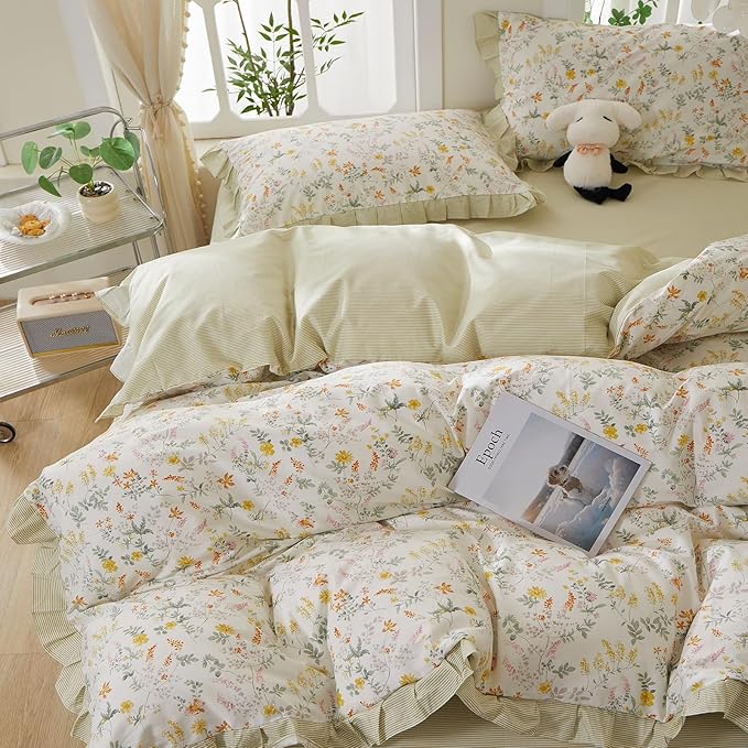 mixinni 100% Cotton Duvet Cover Set Full, Reversible Spring Floral Ruffle Green - Image 5