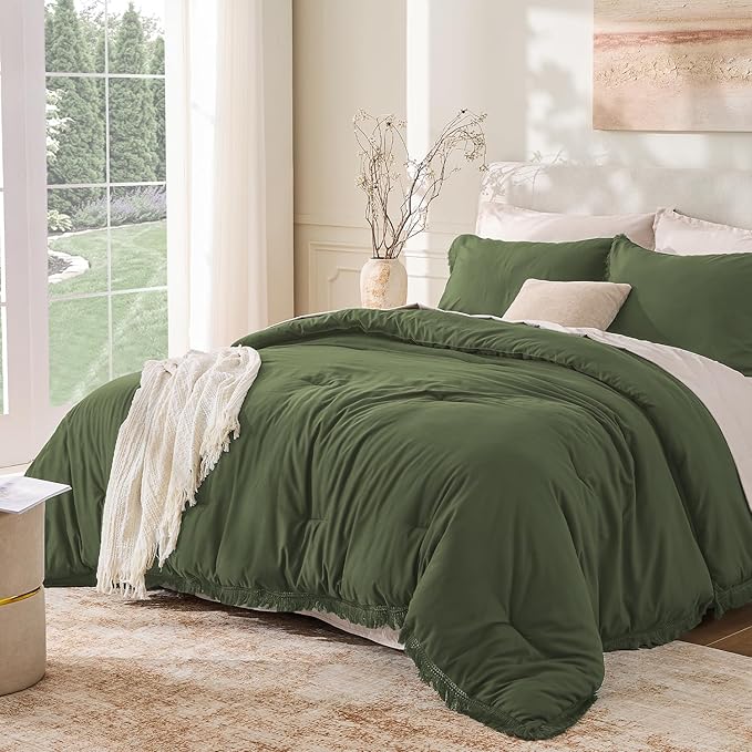 Andency Olive Green Comforter Set Full Size, 3 Pieces Boho Tassel Lightweight by Andency