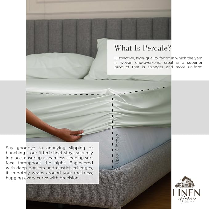 Linen Home 100% Cotton Percale Sheets Queen Size, Dove Grey, Deep Pocket - Image 4