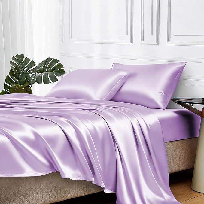 MR&HM Satin Bed Sheets with Elastic Corner Straps, Queen Size Sheets Set by MRHM