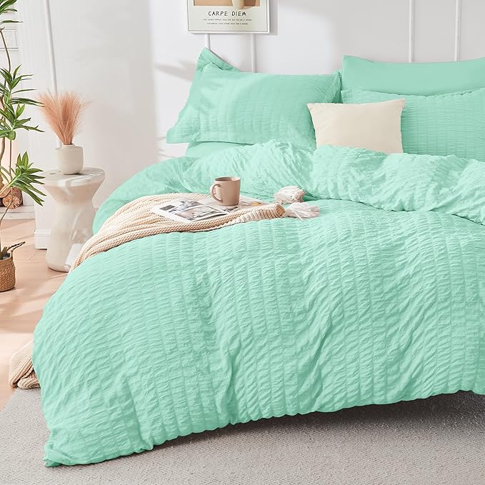HYMOKEGE Mint Green Twin Comforter Set Seersucker 5 Pieces, All Season Luxury - Image 2