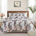 Patchwork Quilt Set King Size, 3 Pieces Grey White Floral Plaid Summer by Flysheep