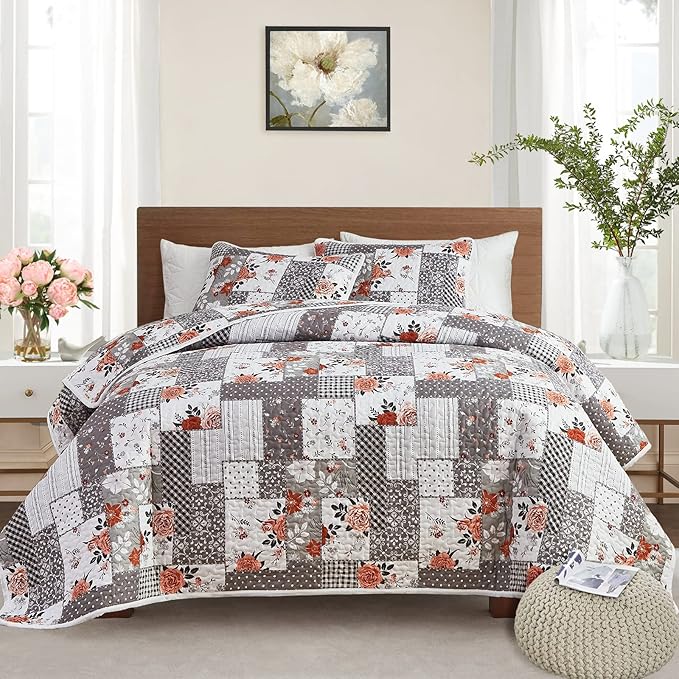 Patchwork Quilt Set King Size, 3 Pieces Grey White Floral Plaid Summer by Flysheep