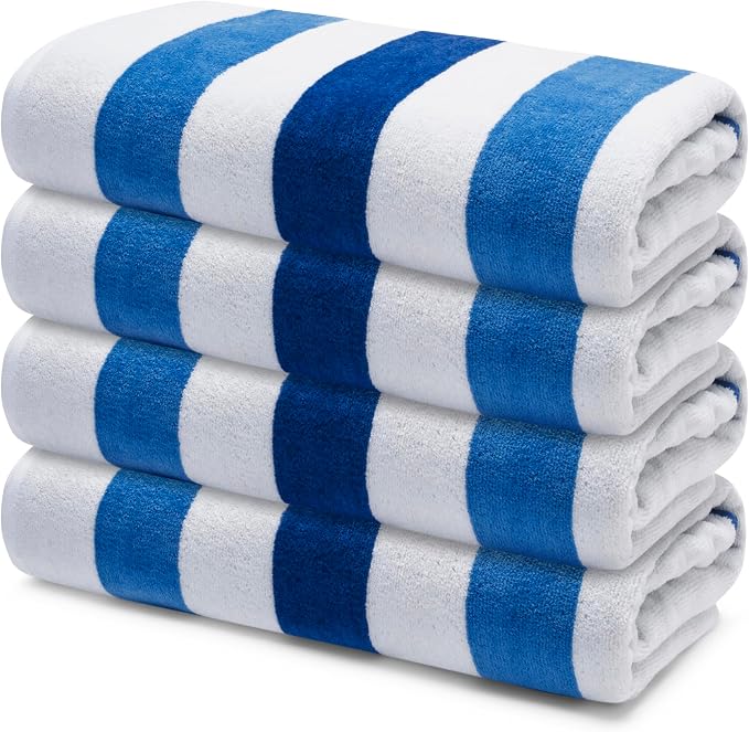 Premium Velour Cabana Beach Towel 4 Pack, 30” x 60” Soft Plush Cotton Pool Towel by 9Threads