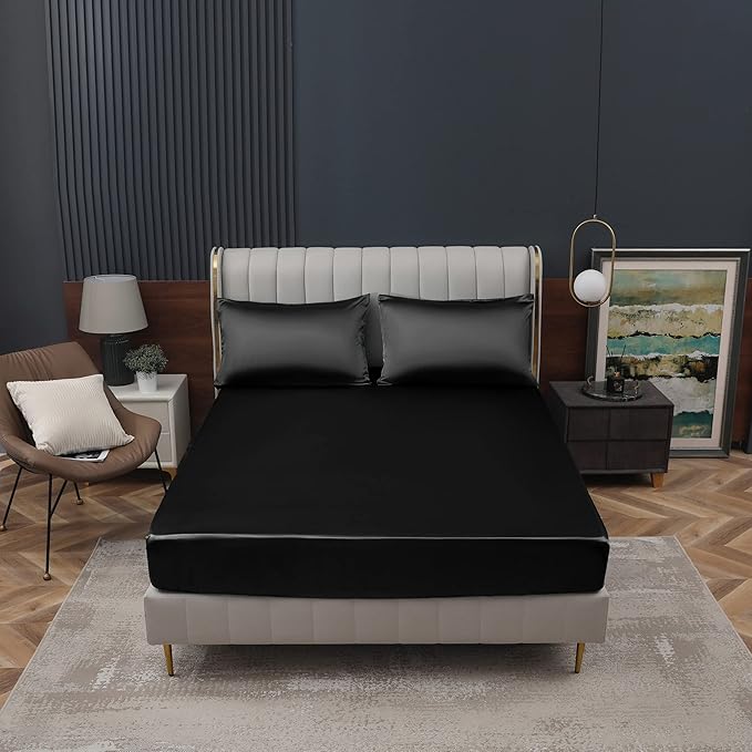 Homiest Black Satin Fitted Sheet Full Size Deep Pocket Luxury & Ultra Soft - Image 2