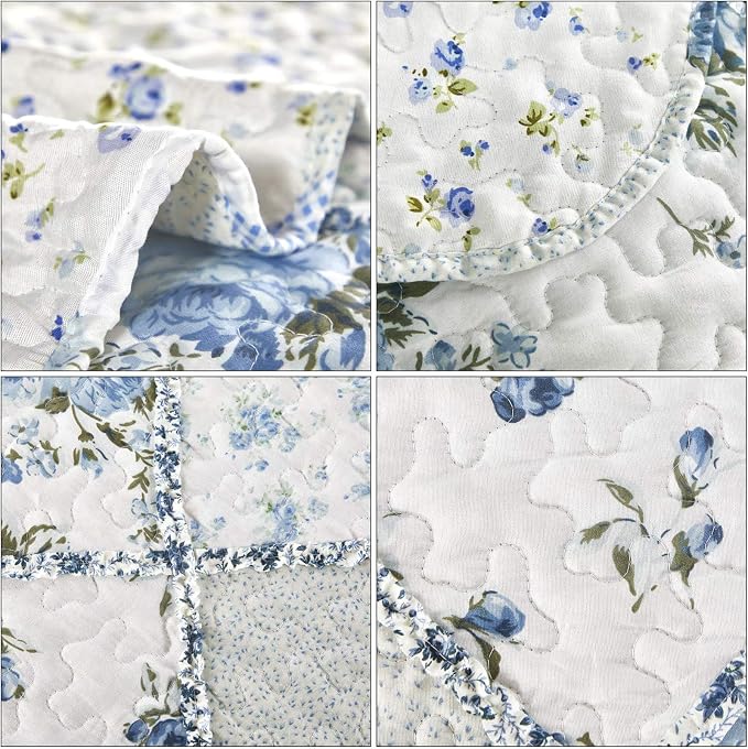 VIVILINEN Blue Floral Patchwork Quilt Set, Full Queen Size, 3 Piece Bedding Set - Image 7