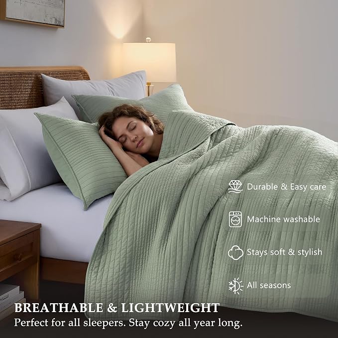 palassio Striped Sage Green 100% Cotton Quilt Queen Size Bedding Sets, - Image 5
