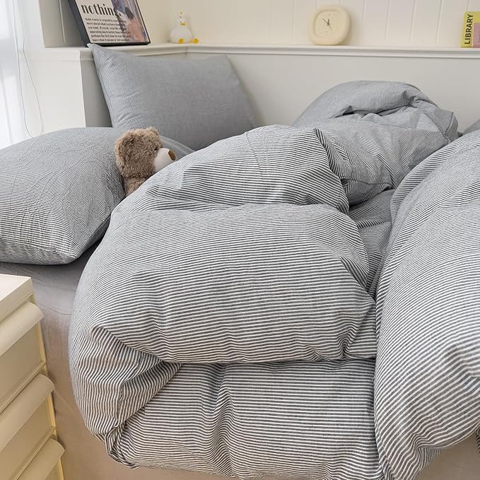 mixinni Grey Striped Duvet Cover Queen Size - Image 3