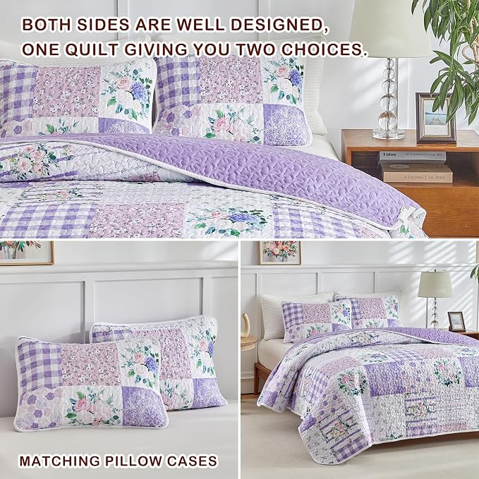 Joyreap 3 Pieces Floral Quilt Set King, Patchwork Purple n Pink Flowers Design - Image 5