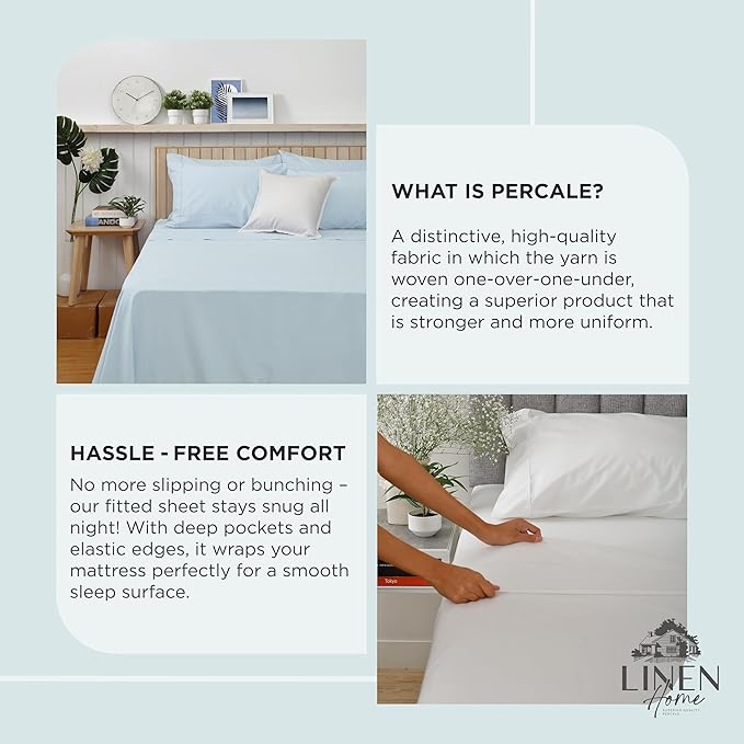 Linen Home 100% Cotton Percale Weave Fitted Sheet, Queen Size, 1 Deep Pocket - Image 4