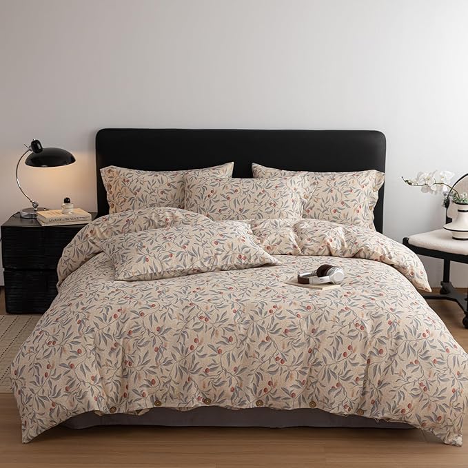 mixinni Cotton Linen Floral Duvet Cover Set, Vintage Botanical Print Comforter - Image 3