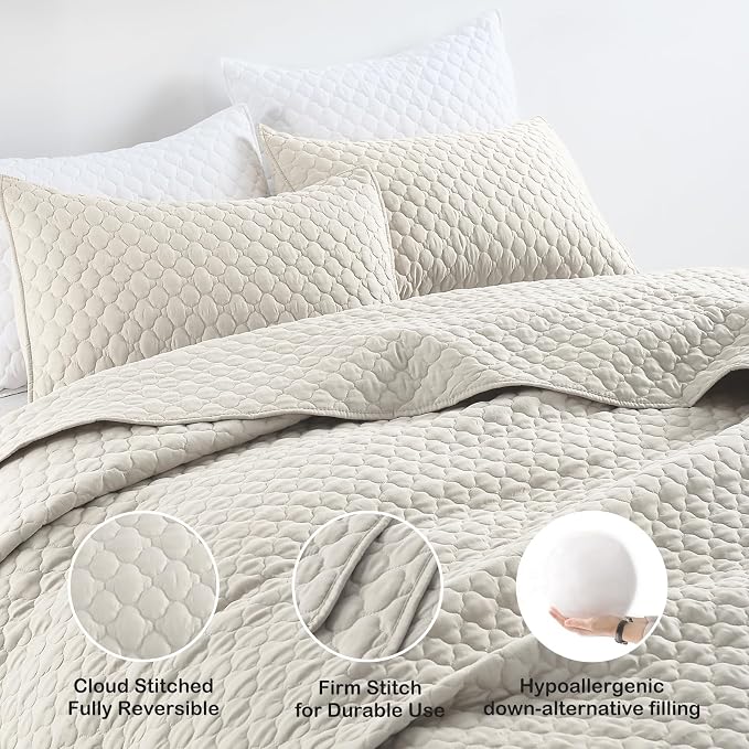 HORIMOTE HOME Quilt Set Twin Size Beige Bedspread, Modern Style Quilted Clouds - Image 3
