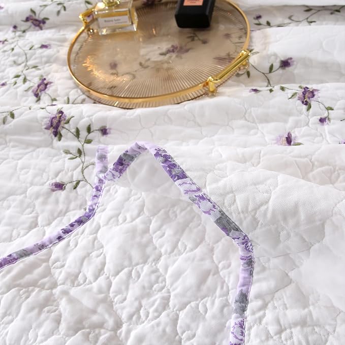 Quilt Set Purple Floral 3D Embroidery Pattern 3 PCS 100% Cotton Reversible - Image 5