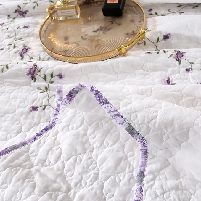 Quilt Set Purple Floral 3D Embroidery Pattern 3 PCS 100% Cotton Reversible - Image 5