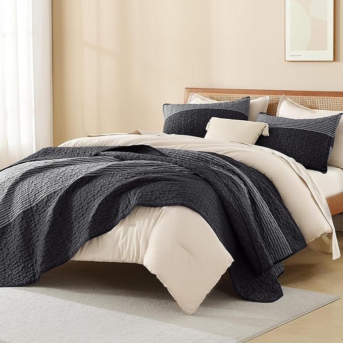 Litanika Oversized King Quilt Set Black and White, 120x98 Stripe Bedspread - Image 4