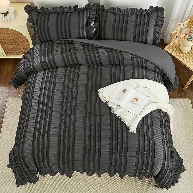 WONGS BEDDING Queen Comforter Set, Dark Grey Boho Comforter Set Queen, Shabby - Image 5