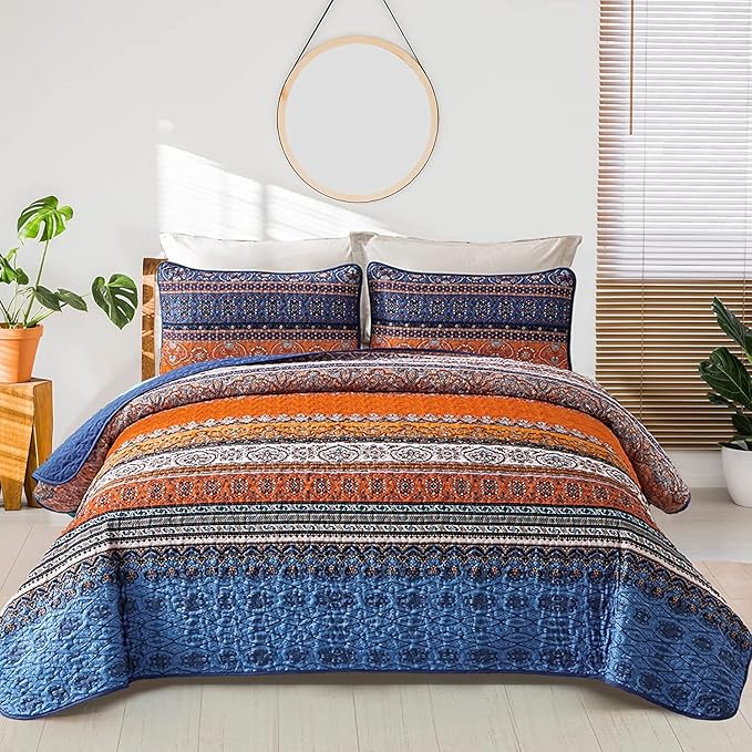 WONGS BEDDING Boho Fall Quilt Full Size, 3 Pieces Orange Blue Bohemian by WONGSBEDDING